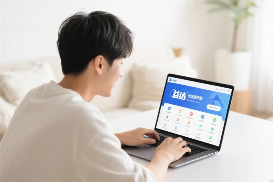 一位年轻用户在明亮舒适的室内环境中愉快地使用笔记本电脑，屏幕上展示联赢客户端新版界面